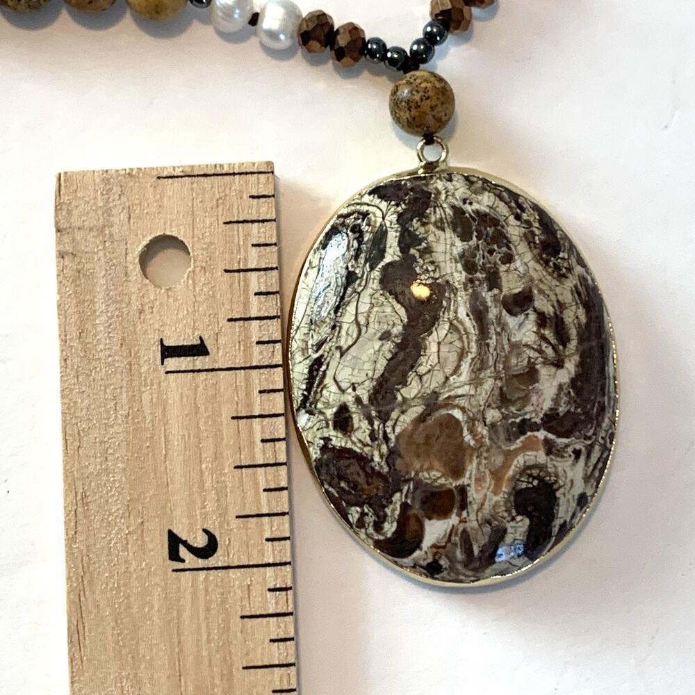 Vtg Agate Cultured Pearl Necklace Polished Gemstones Bold Southwest Statement - Picture 9 of 13